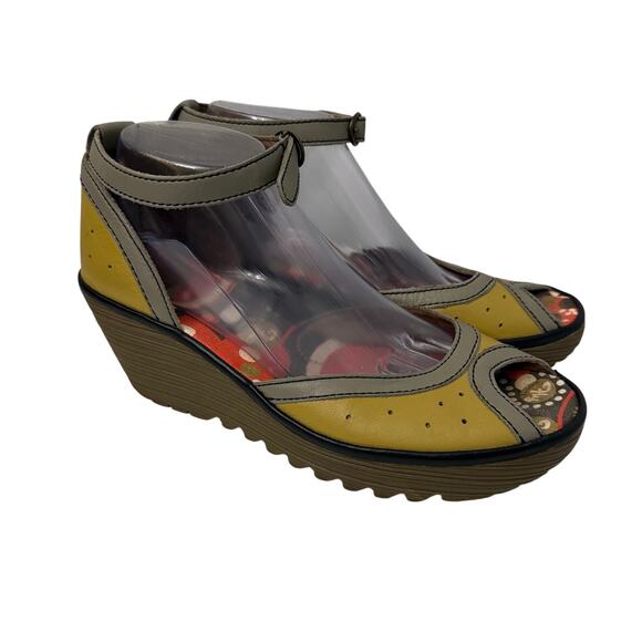 FLY London Shoes - Fly London Ydel Sandals Womens Sz 10 Peep Toe Leather Yellow Gray Perforated 41